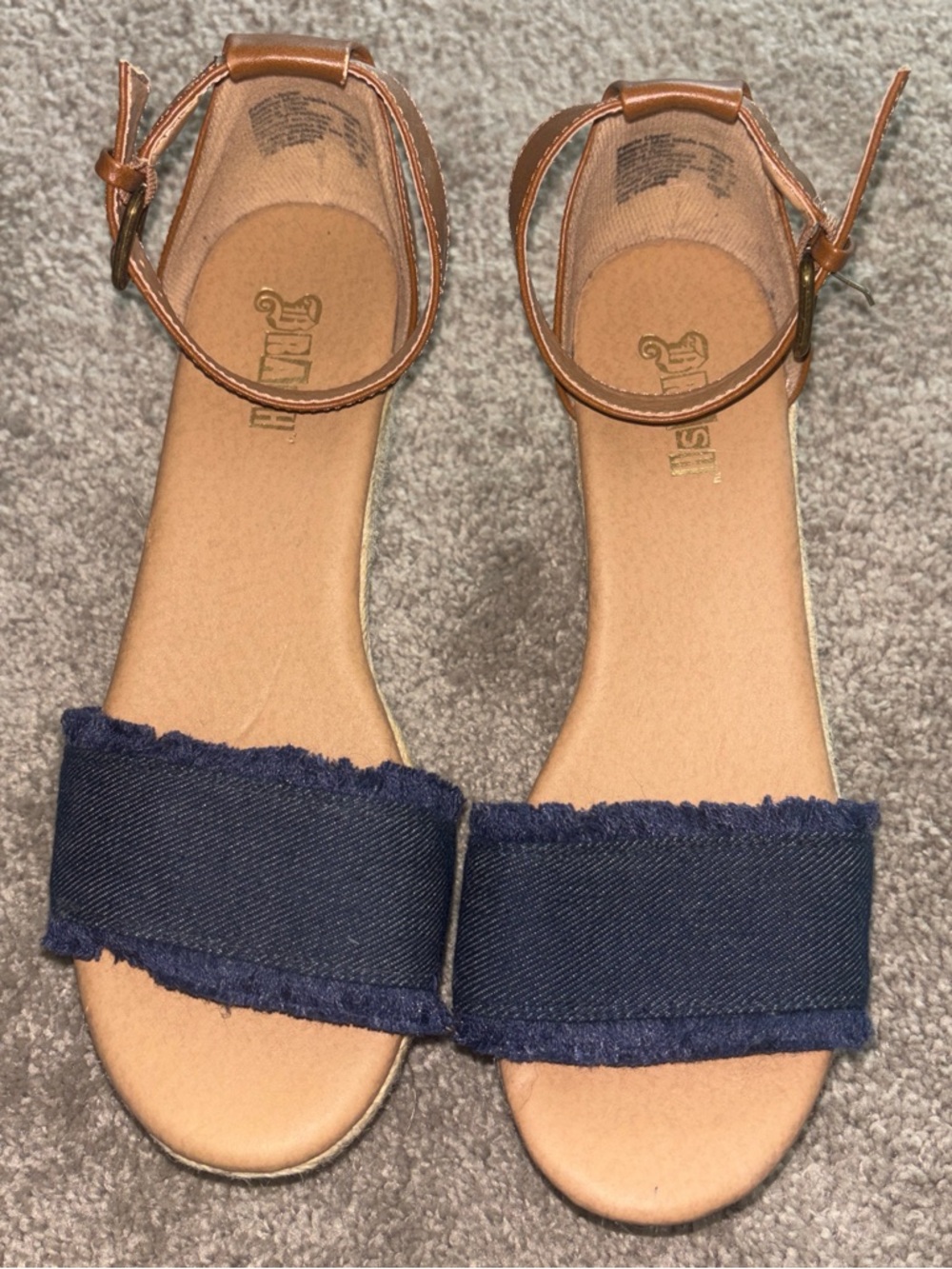 Brash Navy Denim Open-Toe Ankle-Strap Sandals with Tan Footbed